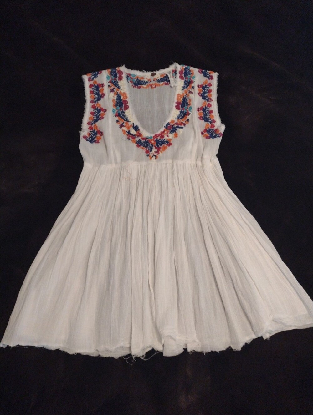 Free People One Sz M Embroidered Mini Dress Tunic Ivory Boho Festival Flowy